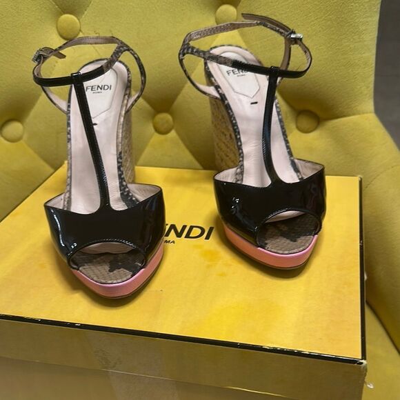 Fendi Maryjanes with Black and Pink Wedge Platform Espadrilles. No Flaws. - Picture 6 of 17